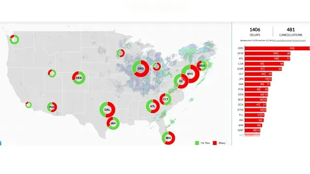 A map showing the number of flight delays at different airports at 7 p.m. ET on November 9.