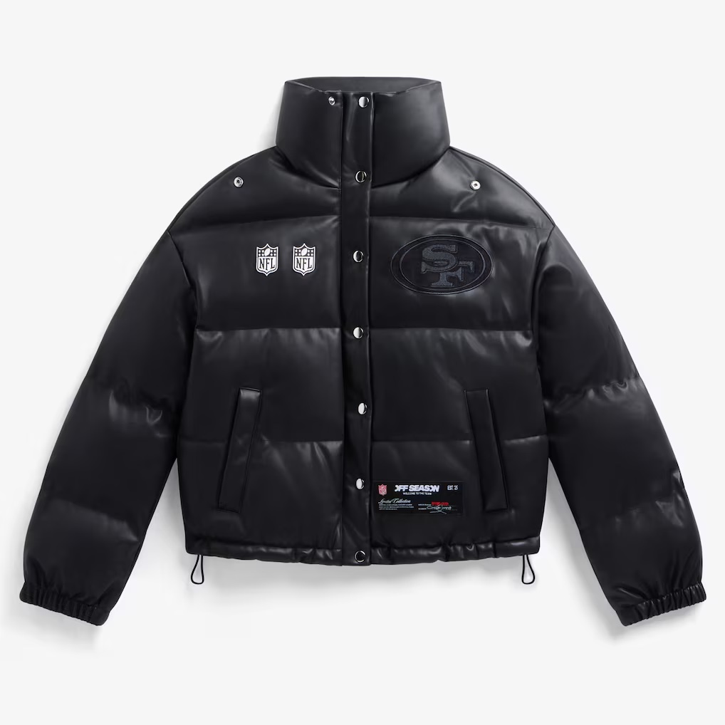 Off Season Releases New Black NFL Fuax Leather Puffer Jackets: Shop 49ers, Eagles, Lions, Bills, Chiefs, Bears, Broncos, Packers