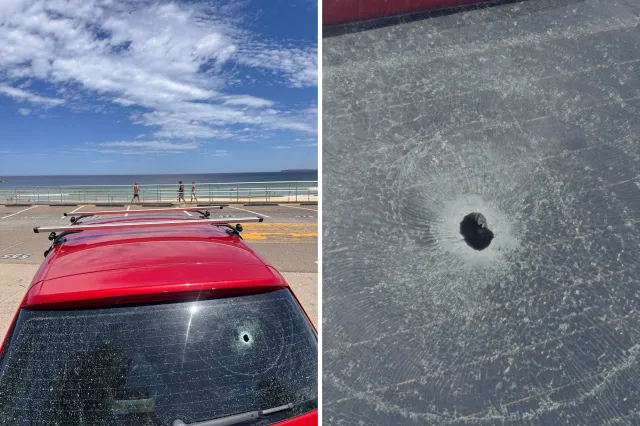 Bullet hole on a car, Bondi Esplanade. Photos: Simon Crerar / Newsweek