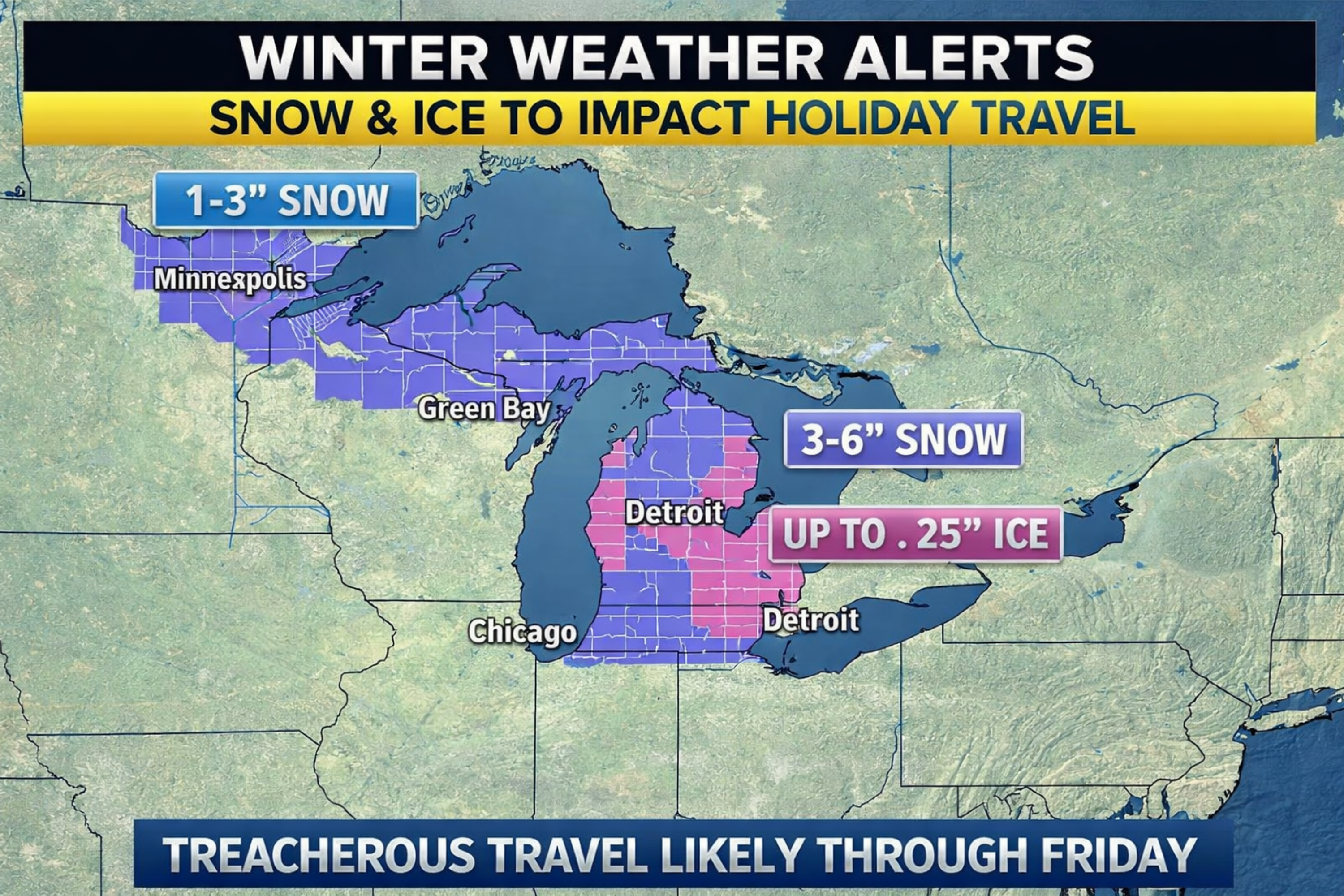 Winter Weather Advisory as Ice, Snow Threaten Holiday Travel in Great Lakes