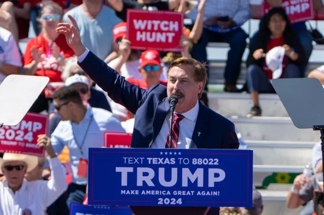 MyPillow CEO Michael Lindell speaks during a 2024 election campaign rally held by former President Donald Trump in Waco, Texas, March 25, 2023. Trump held the rally at the site of the deadly 1993 standoff between an anti-government cult and federal agents. (Photo by SUZANNE CORDEIRO / AFP) (Photo by SUZANNE CORDEIRO/AFP via Getty Images)