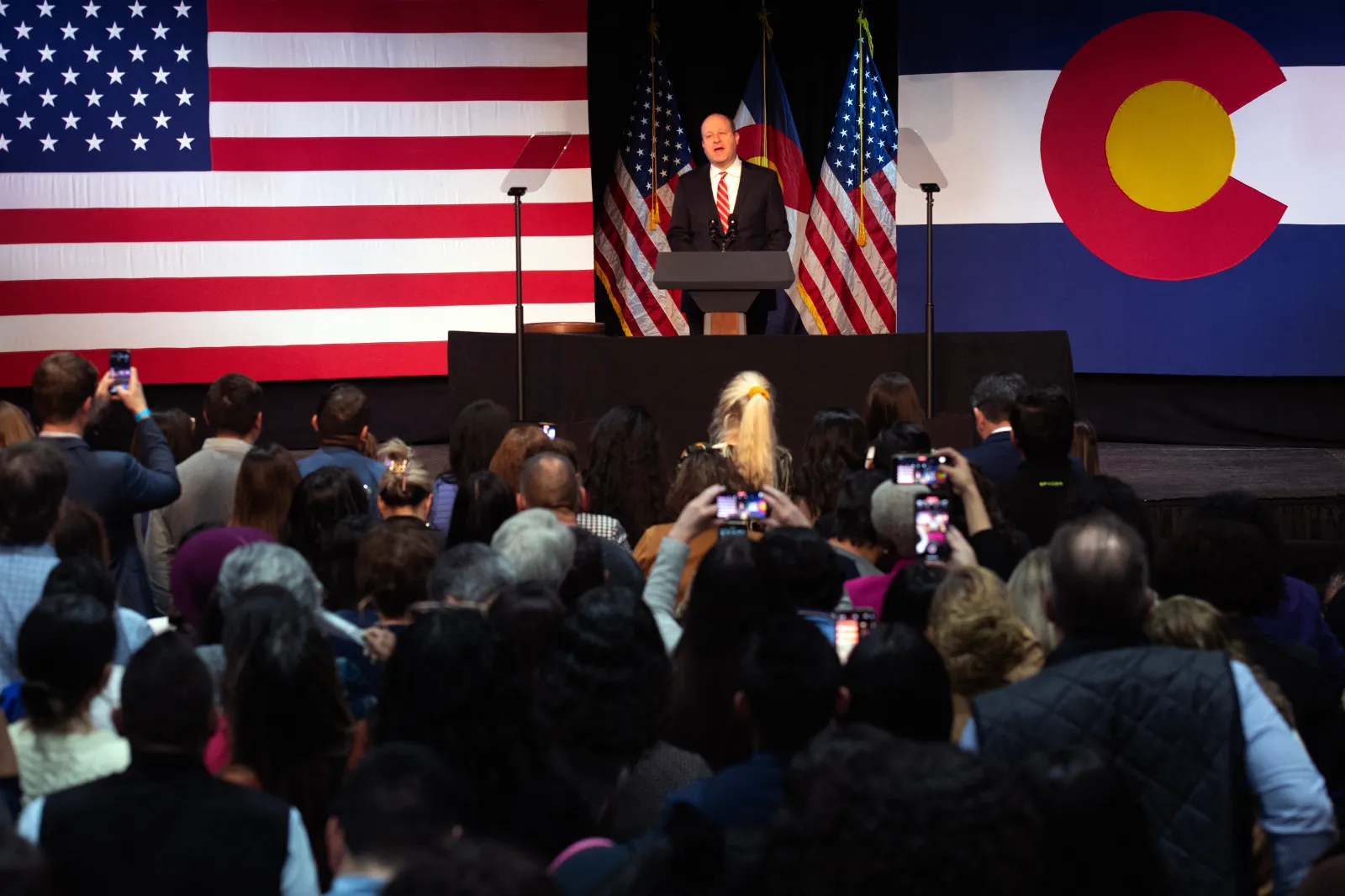 Colorado governor Jared Polis during a campaign rally at Reelworks in Denver, Colorado, on March 12, 2024. (Photo by JASON CONNOLLY/AFP via Getty Images)