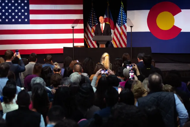 Colorado governor Jared Polis during a campaign rally at Reelworks in Denver, Colorado, on March 12, 2024. (Photo by JASON CONNOLLY/AFP via Getty Images)