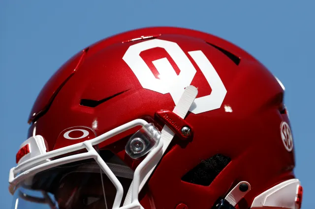 A detail of the Oklahoma Sooners logo on a helmet prior to a game against the Tulane Green Wave