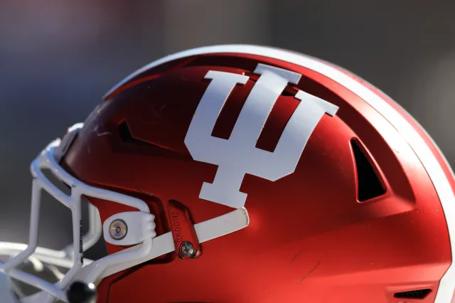 The Indiana Hoosiers logo is seen on a college football helmet