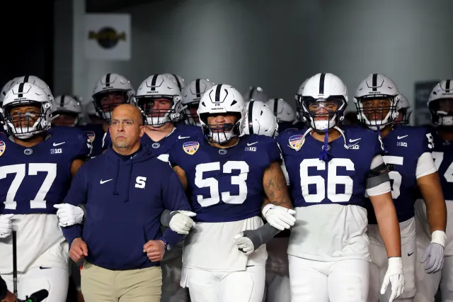 Former head coach James Franklin of the Penn State Nittany Lions leads his team onto the field prior to the Capital One Orange Bowl against the Notre Dame Fighting Irish.