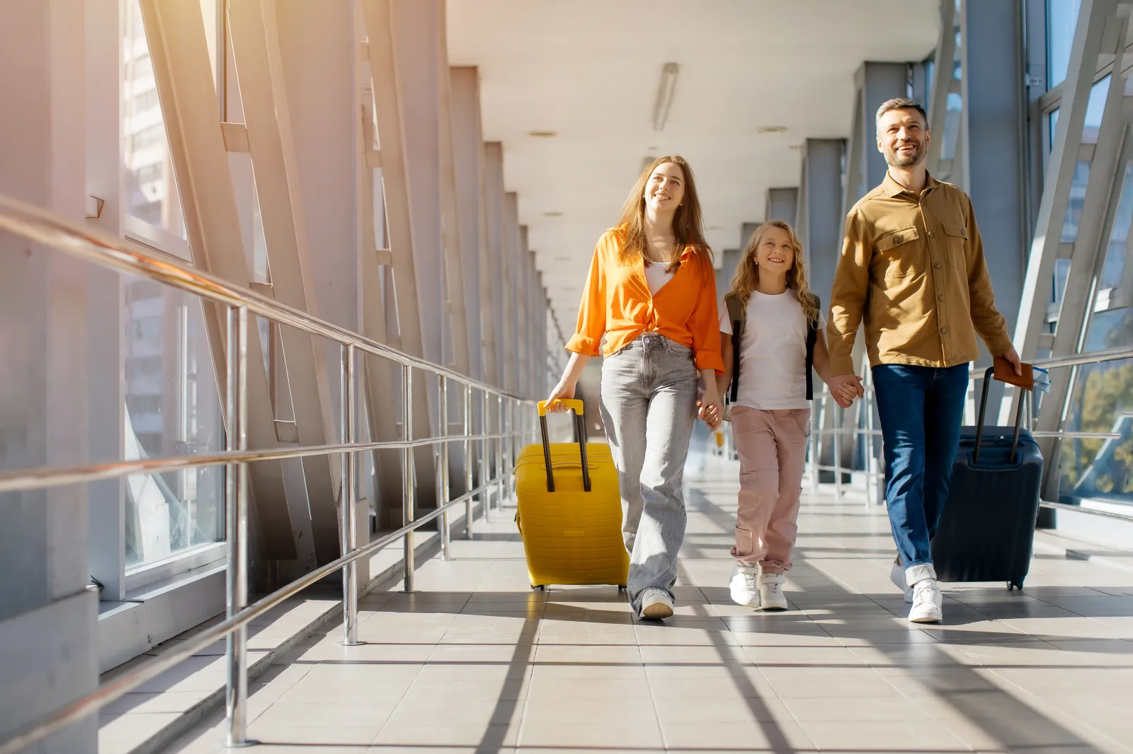 A stock image of a family rolling suitcases through an airport.