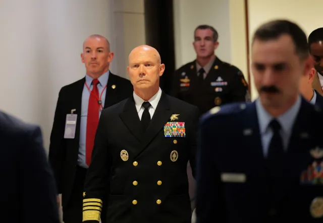 Adm. Frank Bradley departs from the U.S. Capitol after closed door classified meetings to discuss the strikes on suspected drug boats, December 4, 2025 in Washington, DC. (Photo by Anna Moneymaker/Getty Images)