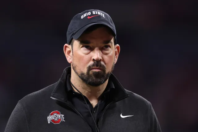 Head coach Ryan Day of the Ohio State Buckeyes looks on during warmups before the 2025 Big Ten Football Championship against the Indiana Hoosiers at Lucas Oil Stadium on December 06, 2025 in Indianapolis, Indiana.
