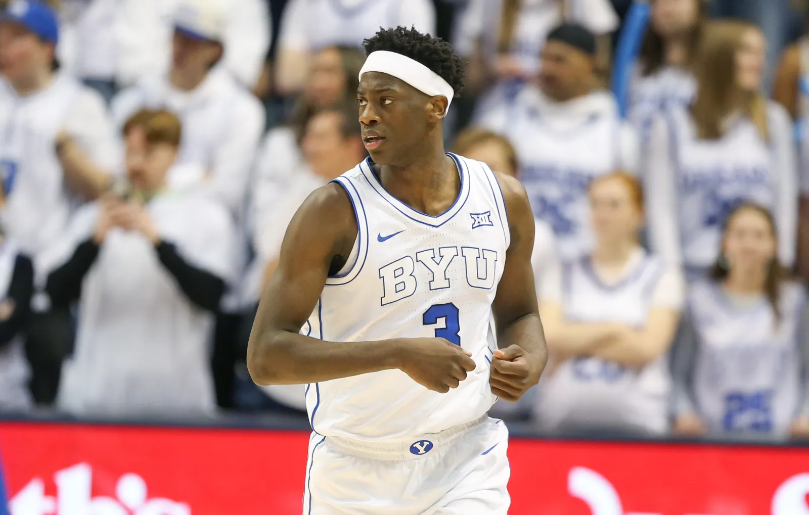 PROVO, UT - DECEMBER 13: AJ Dybantsa #3 of the Brigham Young Cougars runs up the court against the University of California Riverside Highlanders during the second half of their game at the Marriott Center on December 13, 2025 in Provo, Utah. (Photo by Chris Gardner/Getty Images)