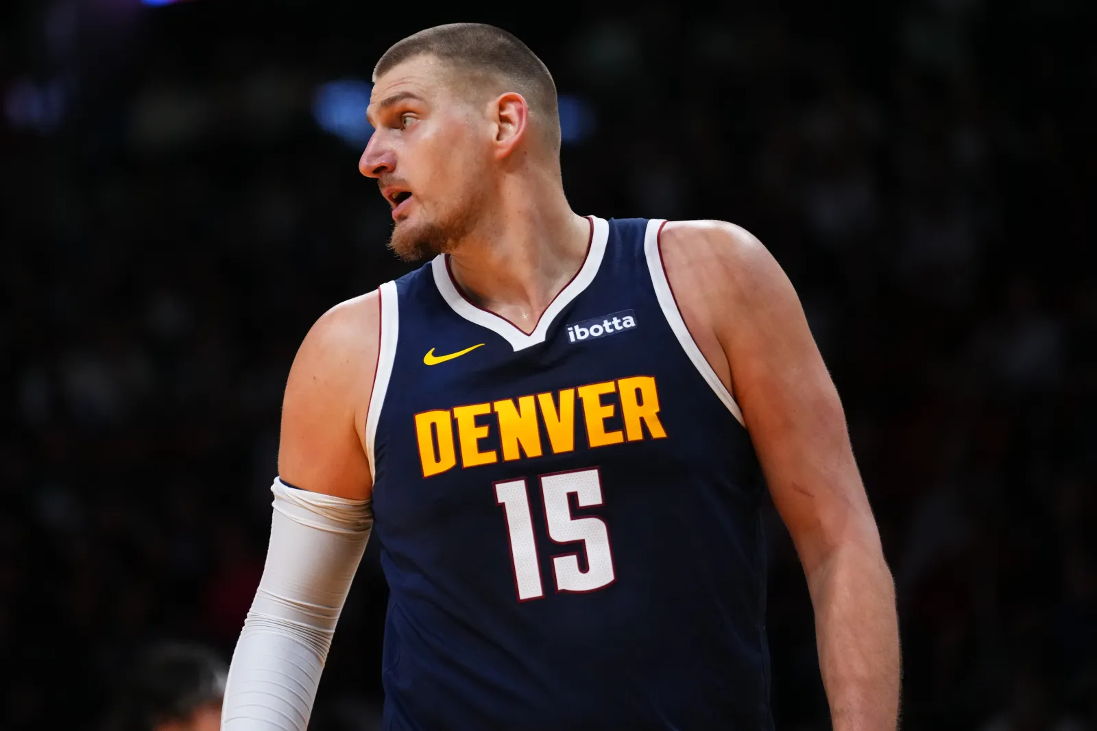 Nikola Jokić #15 of the Denver Nuggets looks on against the Miami Heat during the first quarter at Kaseya Center on December 29, 2025 in Miami, Florida. (Photo by Rich Storry/Getty Images)