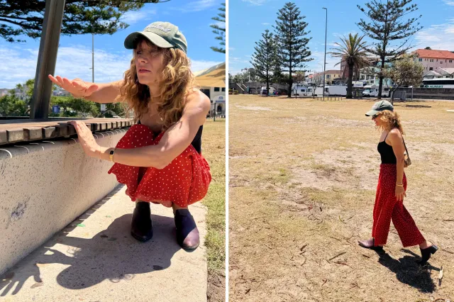 Jessica Chapnik Kahn shows the bullet hole near where she hid, and walks the massacre site, Bondi. Photos: Simon Crerar / Newsweek