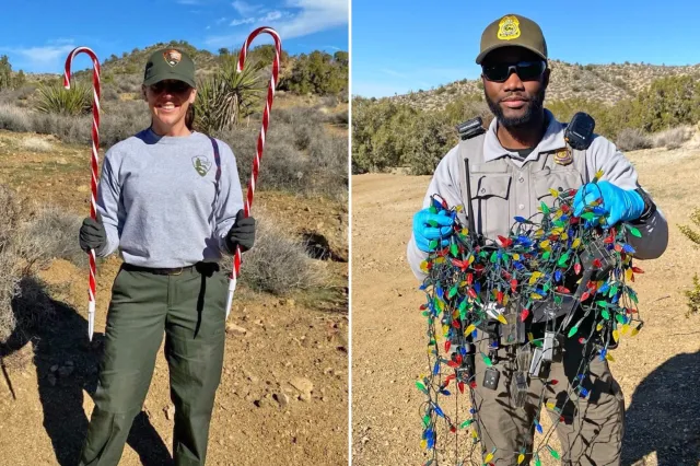 Lake Mead park rangers clean up Christmas decorations in Christmas Tree Pass, as shared by Lake Mead NPS on December 16, 2023.