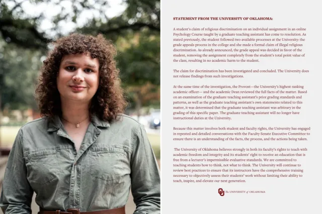 University of Oklahoma graduate student Mel Curth (left) and a screenshot of a statement from the University of Oklahoma posted on X in response to the incident (right).