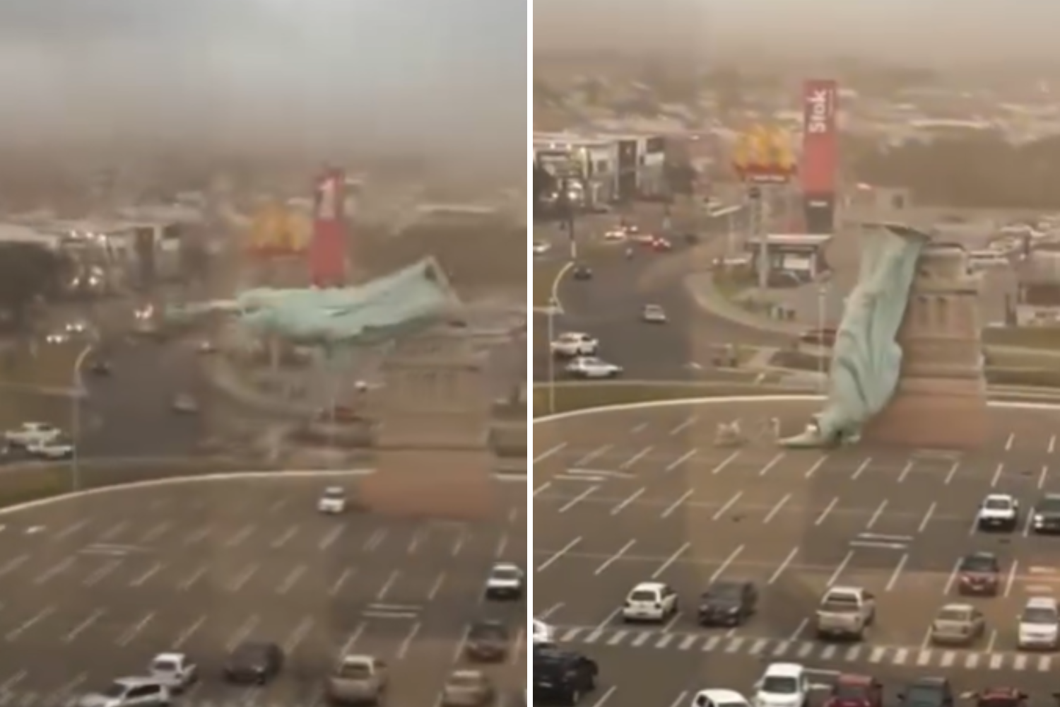 Watch Shocking Moment 115ft Statue of Liberty Replica Topples