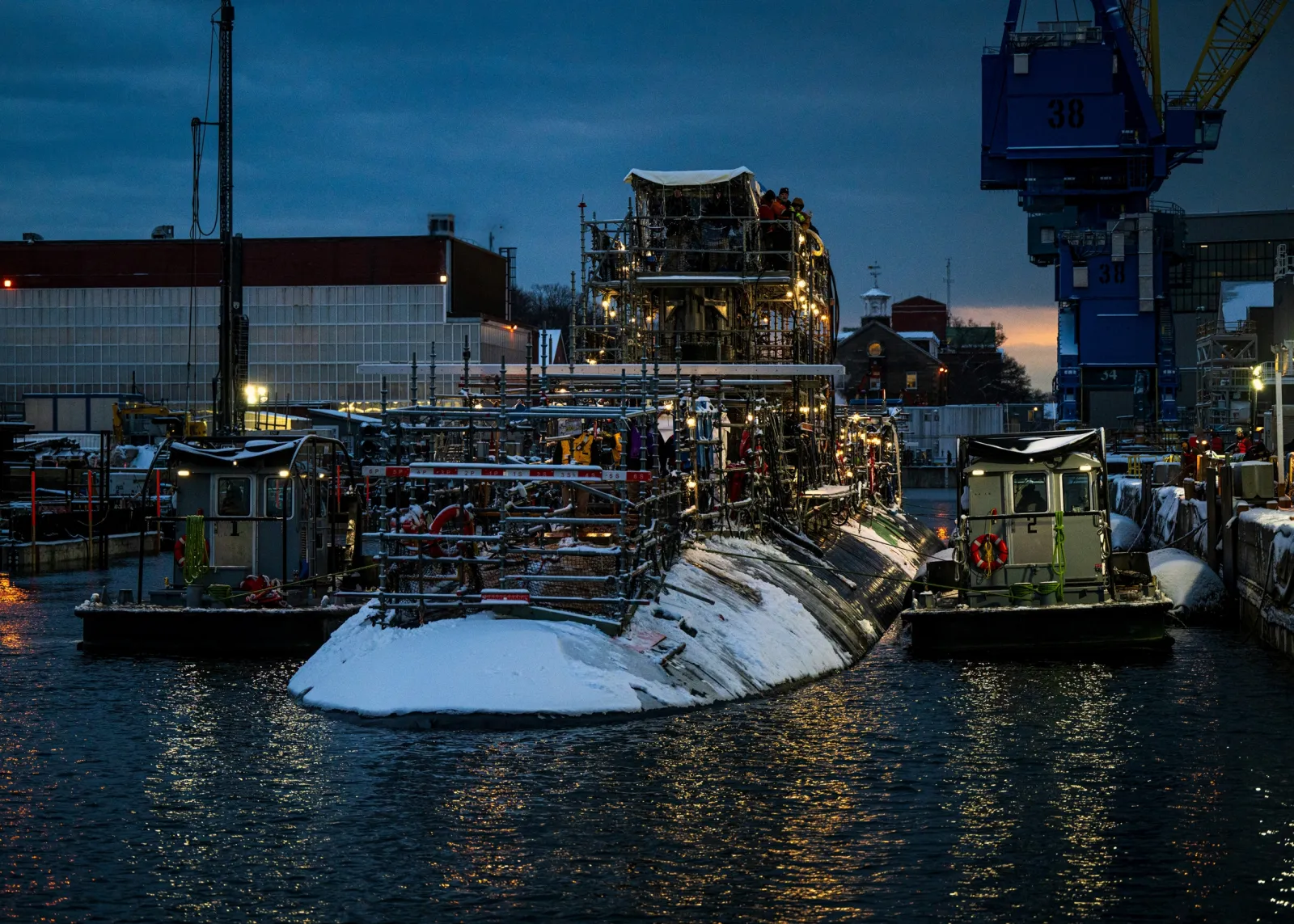 The United States Los Angeles-class attack submarine USS Cheyenne undergoes maintenance at Portsmouth Naval Shipyard in Maine on February 7, 2025.