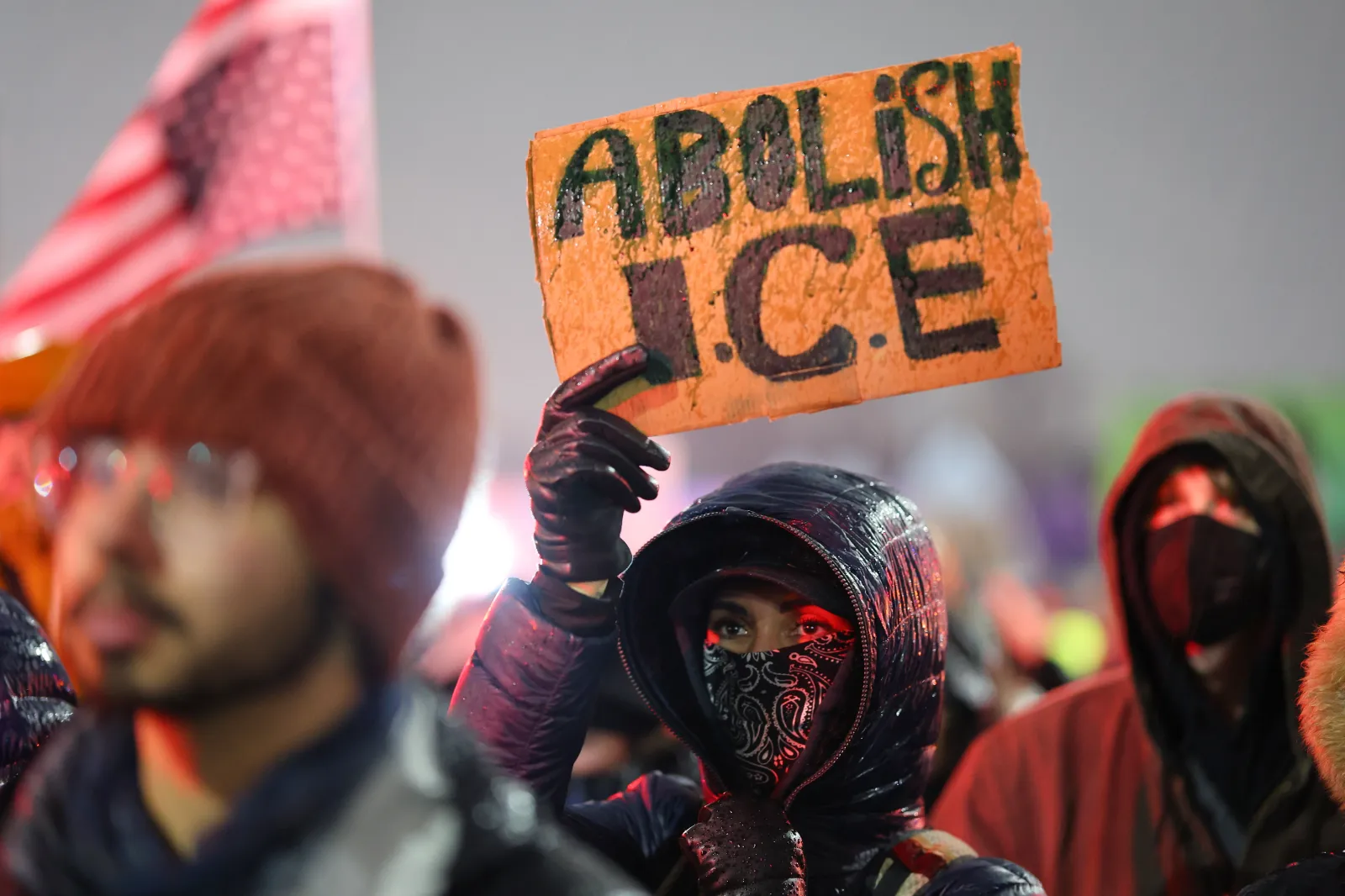 Protesters gather during a rally for Renee Good, Thursday, Jan. 8, 2026, in Minneapolis, after she was fatally shot by an ICE officer the day before.
