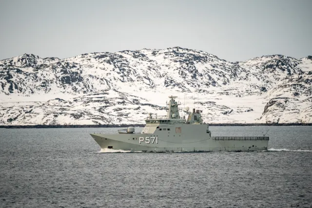 Military ships patrol the Fjords of the capital Nuuk, Greenland.