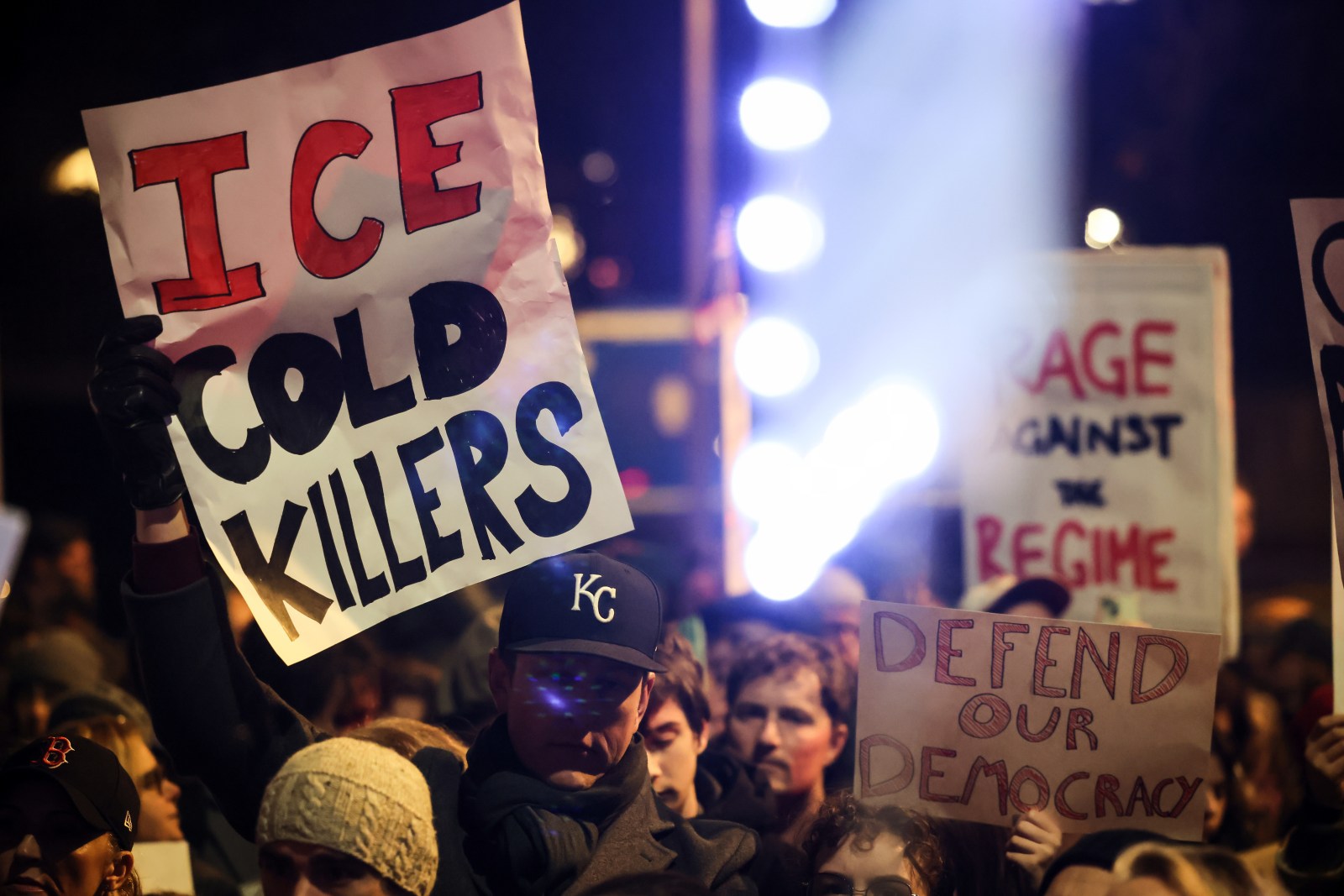 Protesters gathered next to the French foreign ministry in Paris to denounce the crackdown of U.S. Immigration and Customs Enforcement (ICE) in Paris, Wednesday January 28. 2026. 

