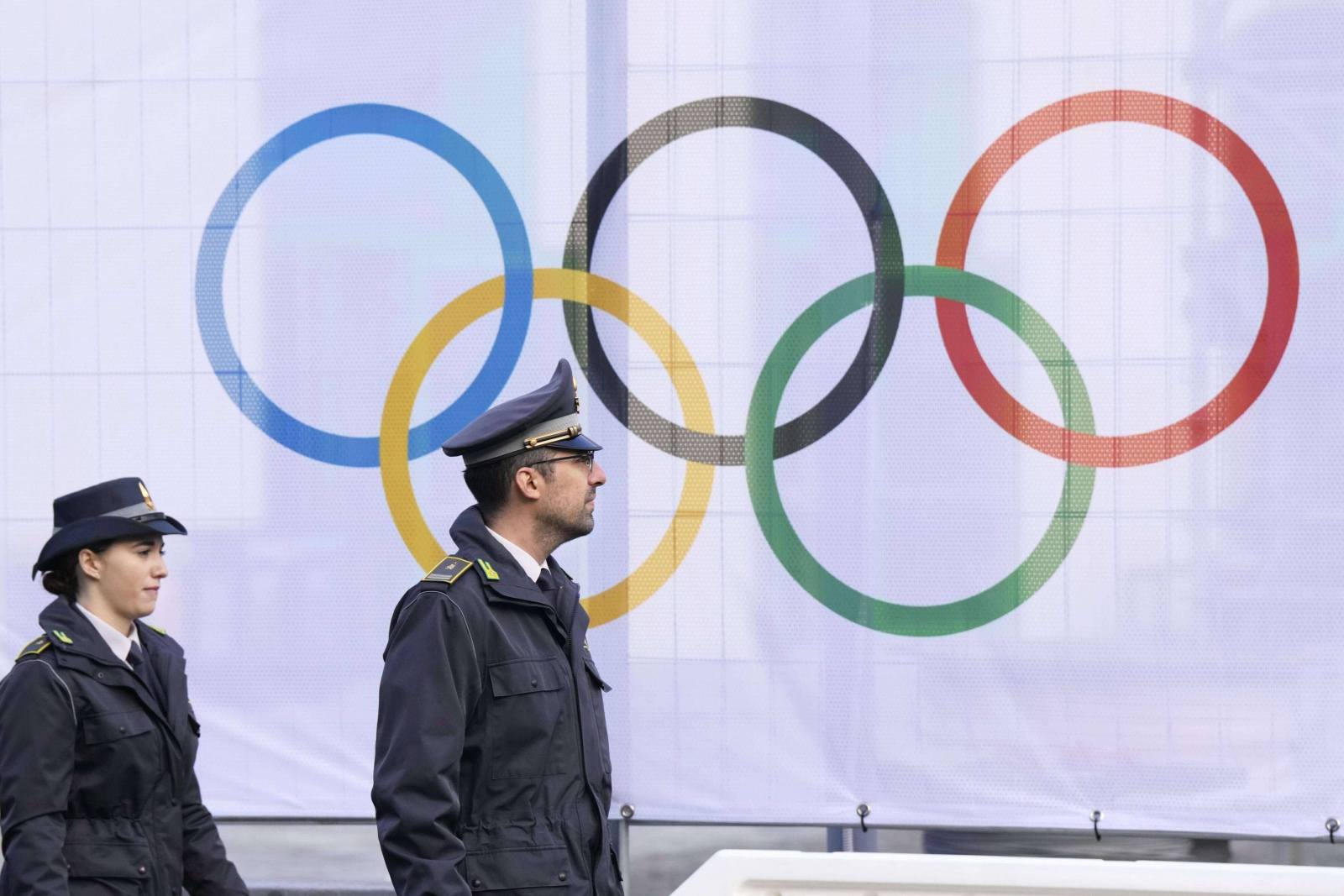 Police officers patrol at the athletes village in Milan, Italy, on Jan. 30, 2026, ahead of the Milan Cortina Winter Olympics opening on Feb. 6. (Kyodo via AP Images) ==Kyodo
