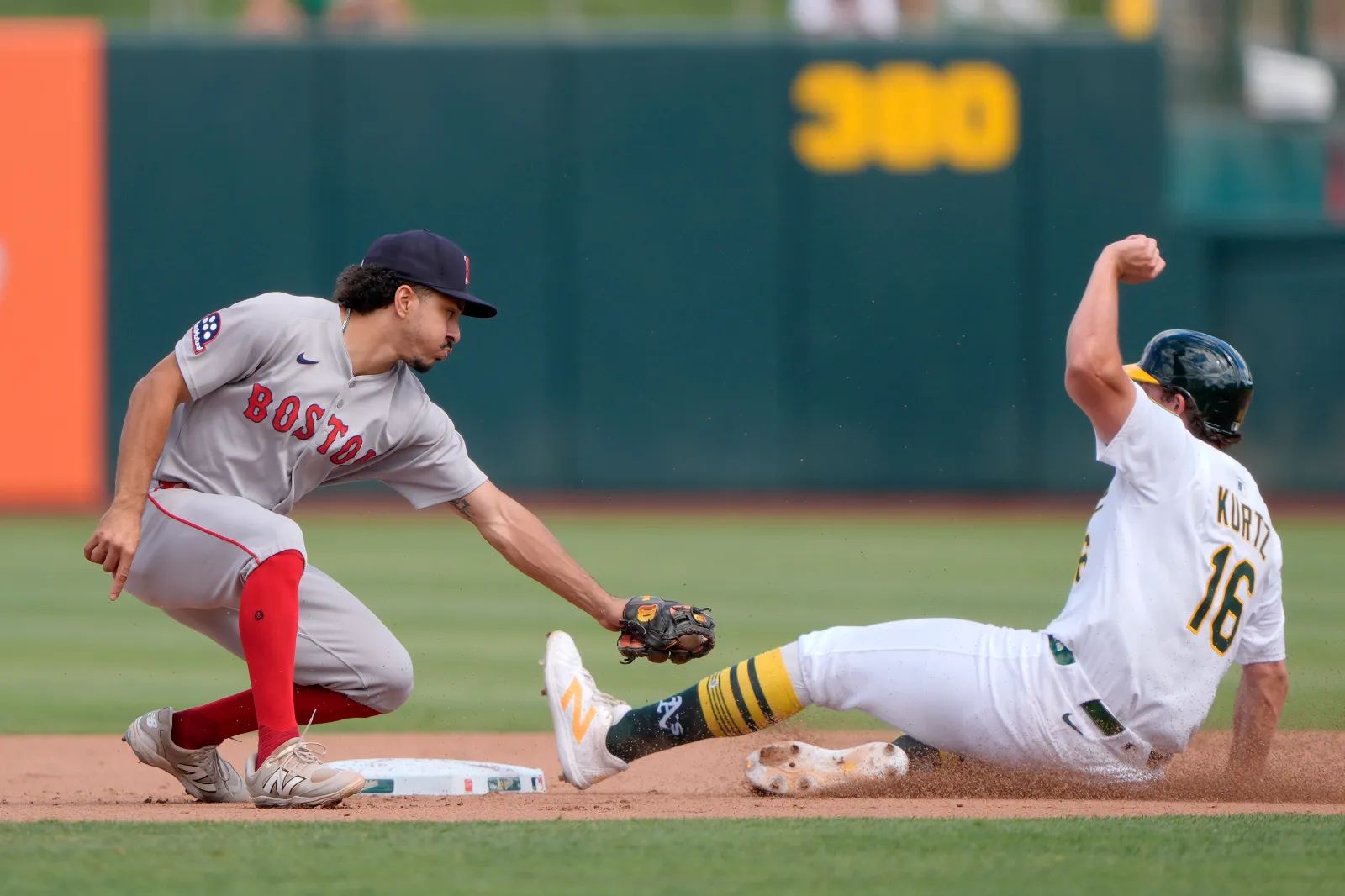 Athletics first baseman Nick Kurtz sliding into second against the Boston Red Sox in 2025.