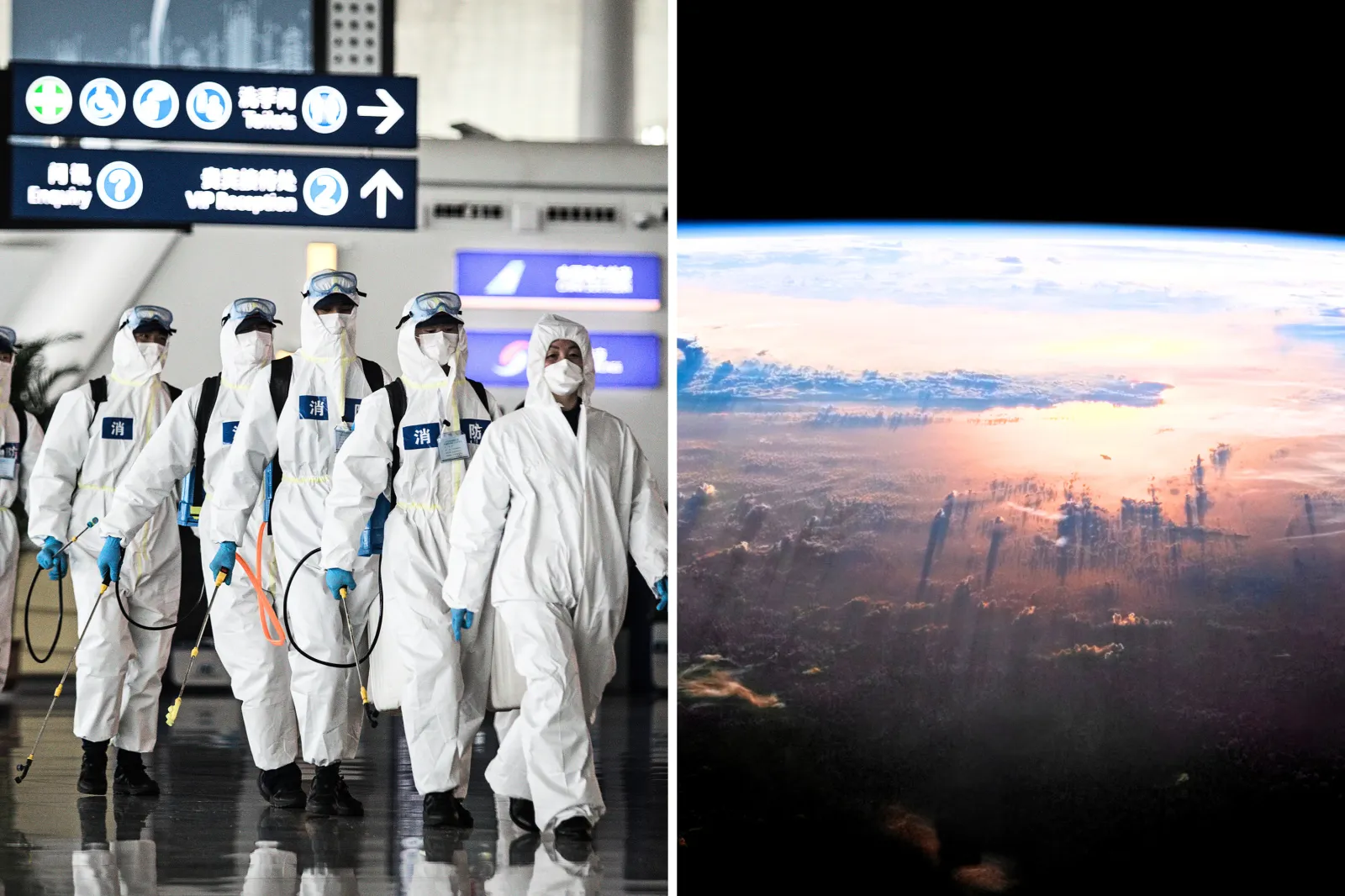 Firefighters prepare to conduct disinfection at the Wuhan Tianhe International Airport on April 3, 2020 in Wuhan, Hubei Province, China / Sunset on the Pacific as seen from the International Space Station at an altitude of 235 miles