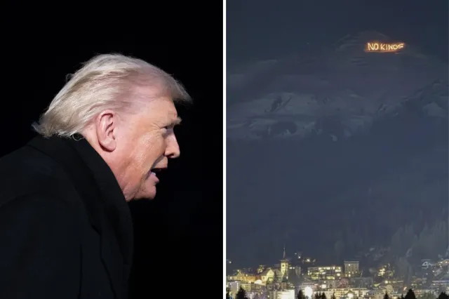 Trump Confronted at Davos With Giant ‘No Kings’ Message on Mountain