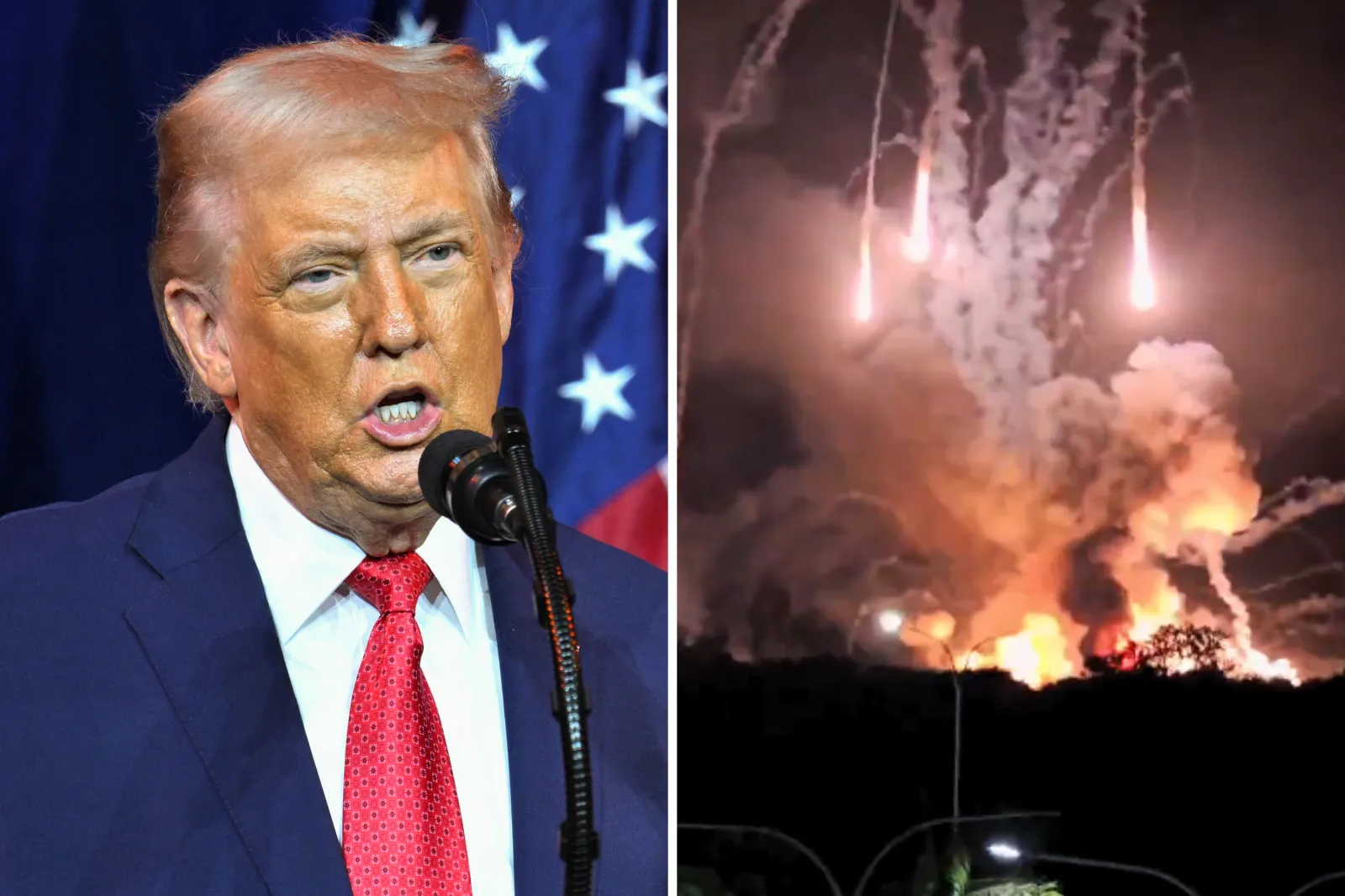 Trump speaks during the House Republican Party (GOP) member retreat at the Kennedy Center in Washington, DC, on January 6, 2026 and footage of U.S. strikes on Venezuela last weekend