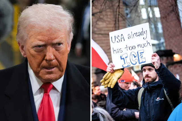 Donald Trump tours the assembly line at the Ford River Rouge Complex on January 13, 2026 in Dearborn, Michigan and Protesters with Greenland flags outside the United States embassy on January 14, 2026 in Copenhagen, Denmark