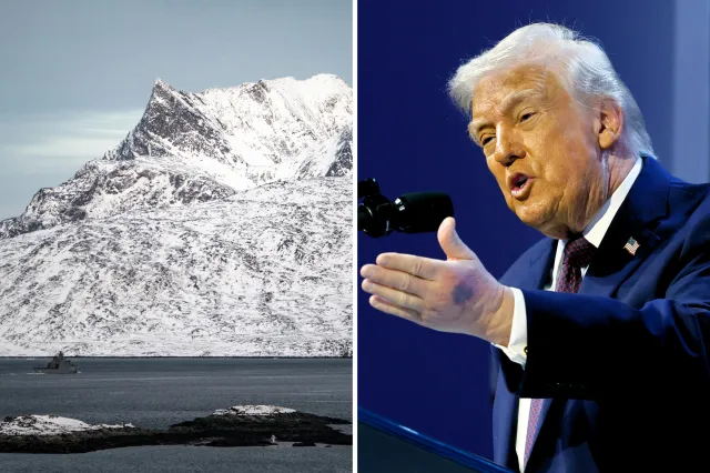 A military ship passes Sermitsiaq Mountain as it crosses the Fjords of the capital Nuuk, Greenland on Thursday January 22, 2026 and Donald Trump speaks after holding a signing ceremony for the “Board of Peace” at the World Economic Forum (WEF) on January 22, 2026 in Davos, Switzerland