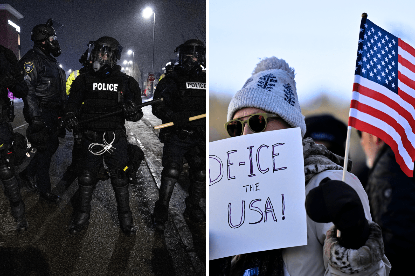 Minneapolis police form a line near protestors gathered for a “Goodbye Bovino Noise Demo” rally in front of the hotel where they believe US Customs and Border Protection Commander Gregory Bovino to be staying, in Maple Grove, in the outskirts of Minneapolis, Minnesota, on January 26, 2026 and demonstrators protest the United States Immigration and Customs Enforcement (ICE) during the 2026 Sundance Film Festival on January 26, 2026 in Park City, Utah
