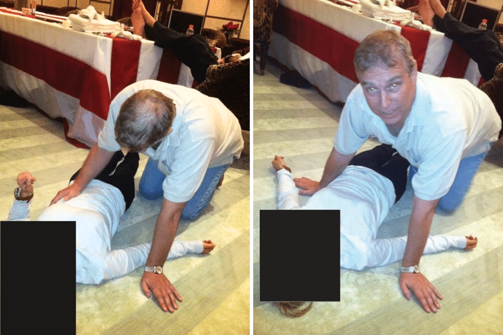 Andrew appears to crouching over a woman in the images
