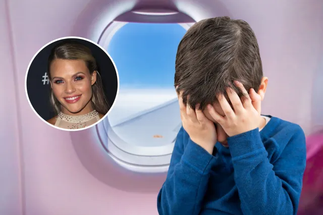 A stock image of a child covering his face and crying on a plane, with an inset picture of Witney Carson.