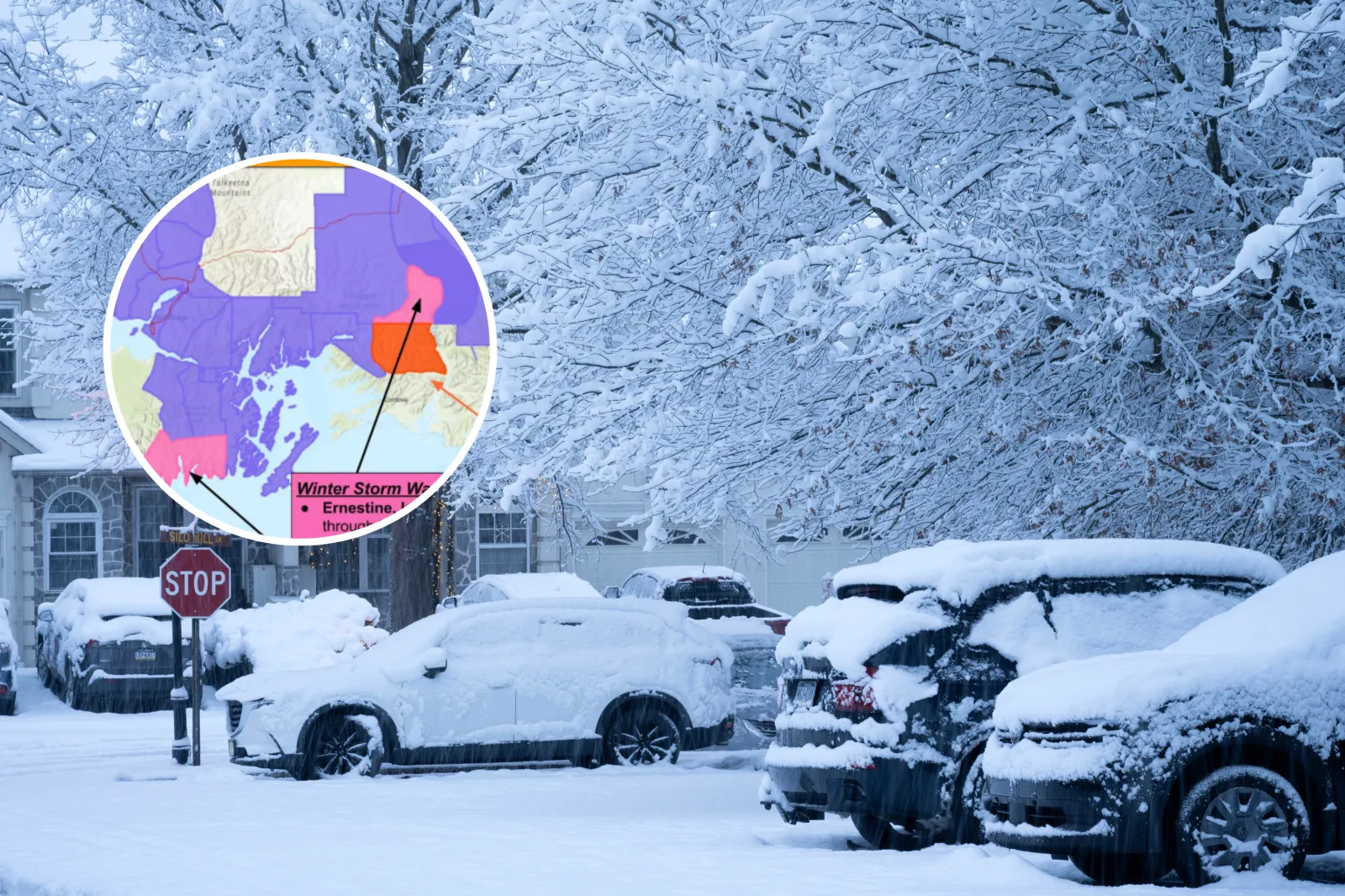 Community parking lot with cars covered with snow - stock image