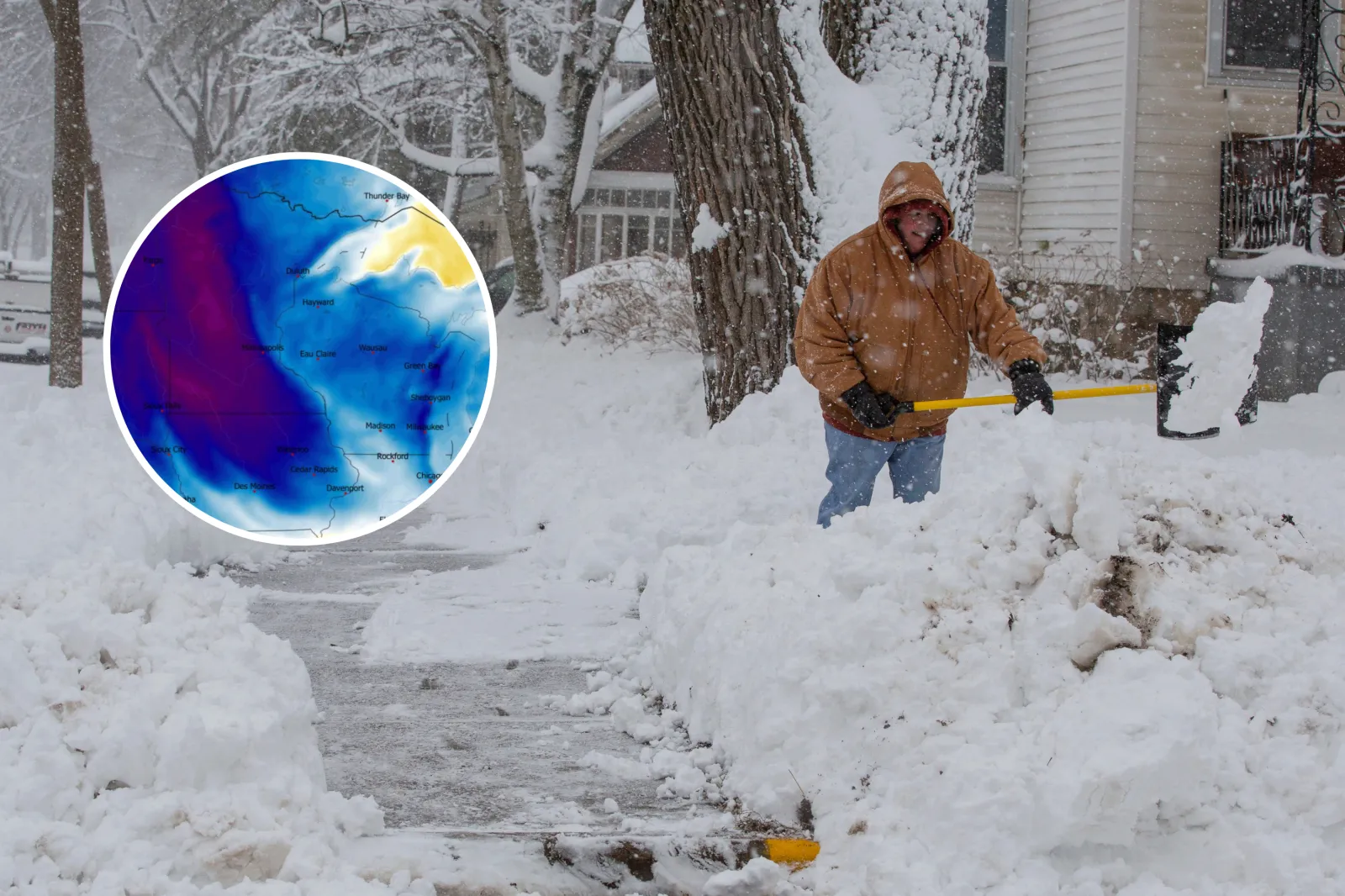 File image: Woman shovels her sidewalk during a winter storm in Wisconsin