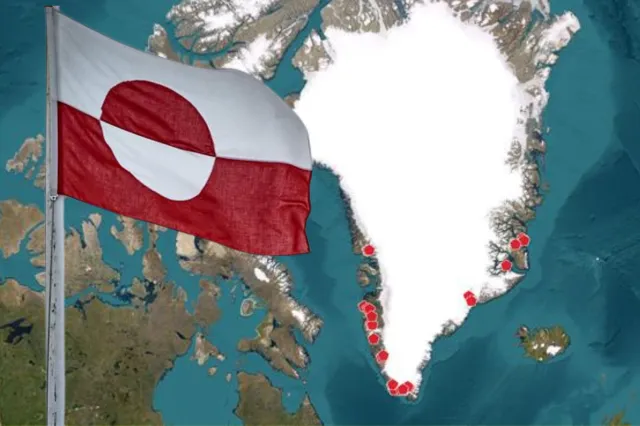 Map shows the distribution of Greenland’s rare earth minerals next to the island territory's flag