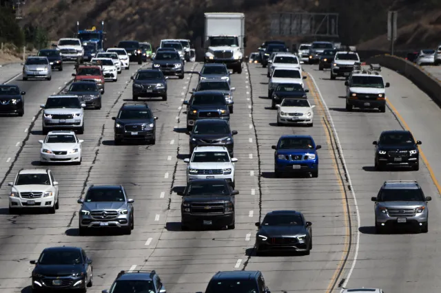 Heavy traffic on the 405 freeway through the Sepulveda Pass in Los Angeles, California, on August 25, 2022.