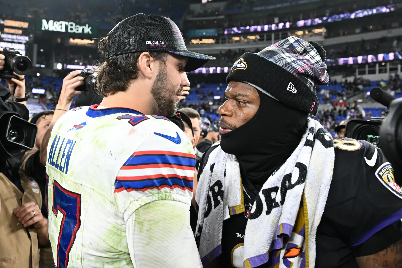 BALTIMORE, MARYLAND - SEPTEMBER 29: Josh Allen #17 of the Buffalo Bills and Lamar Jackson #8 of the Baltimore Ravens embrace after the game at M&amp;T Bank Stadium on September 29, 2024 in Baltimore, Maryland. (Photo by Greg Fiume/Getty Images)