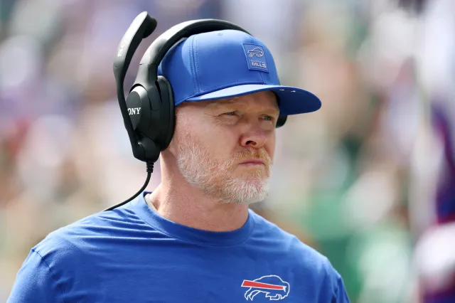 Head coach Sean McDermott of the Buffalo Bills looks on during a game against the New York Jets at MetLife Stadium in East Rutherford, New Jersey.