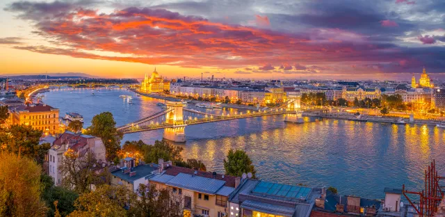The Szechenyi Chain Bridge over the Danube River in Budapest, Hungary.