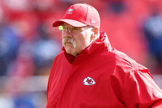Head coach Andy Reid of the Kansas City Chiefs looks on in the game against the Indianapolis Colts at Arrowhead Stadium on November 23, 2025 in Kansas City, Missouri.