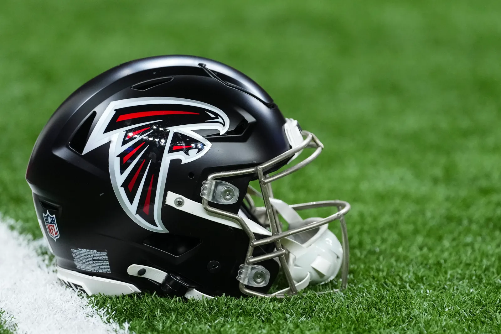 NEW ORLEANS, LOUISIANA - NOVEMBER 23 : Detail view of an Atlanta Falcons helmet prior to an NFL football game between the Atlanta Falcons and the New Orleans Saints at Caesars Superdome on November 23, 2025 in New Orleans, Louisiana. (Photo by Perry Knotts/Getty Images)
