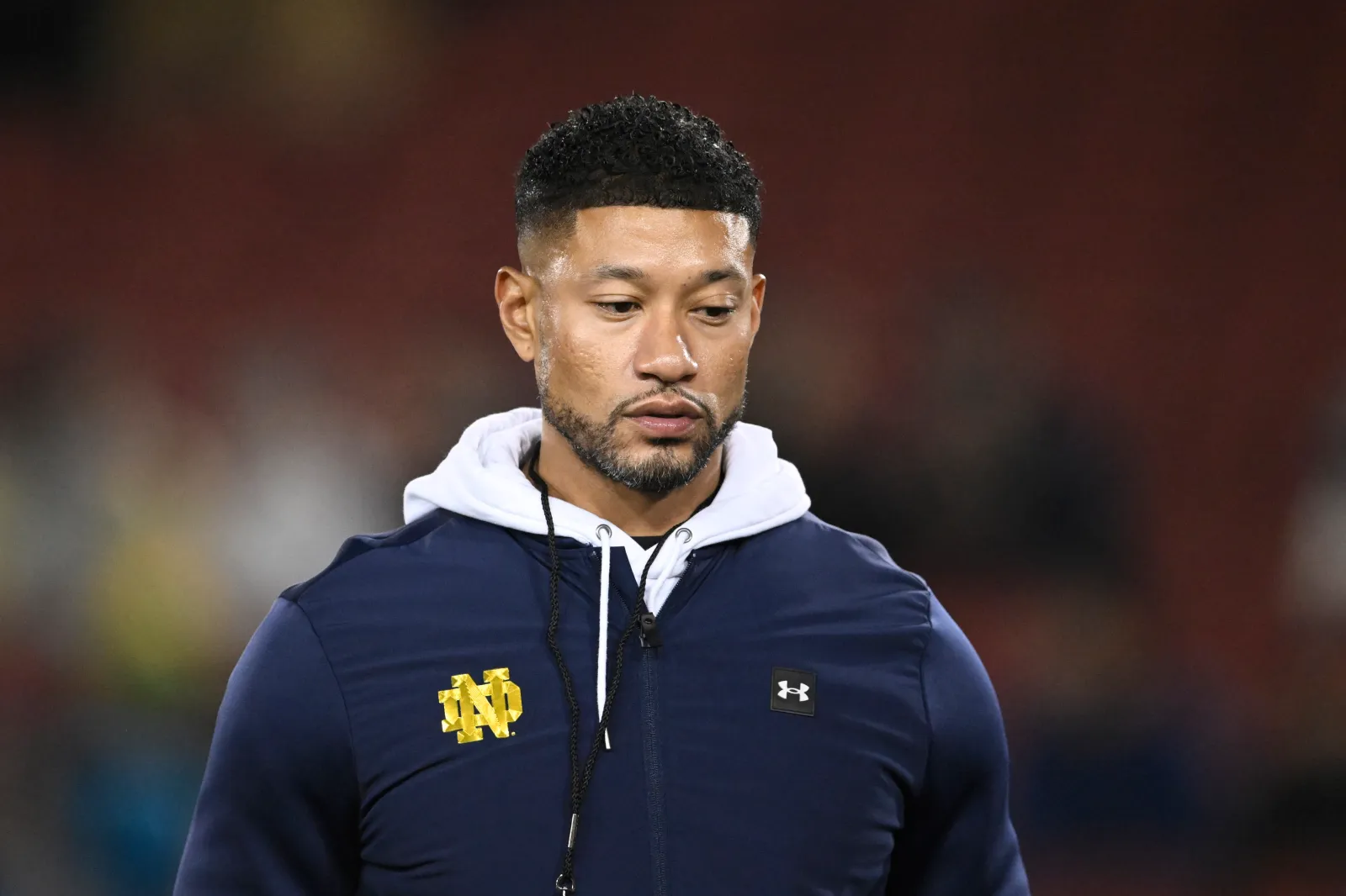 Head coach Marcus Freeman of the Notre Dame Fighting Irish looks on during warm ups before the game against the Stanford Cardinal at Stanford Stadium on November 29, 2025 in Stanford, California.