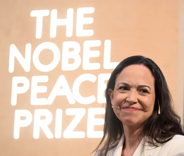 Maria Corina Machado, the Venezuelan opposition figure and 2025 Nobel Peace Prize recipient, attends a press conference on December 11, 2025 in Oslo, Norway