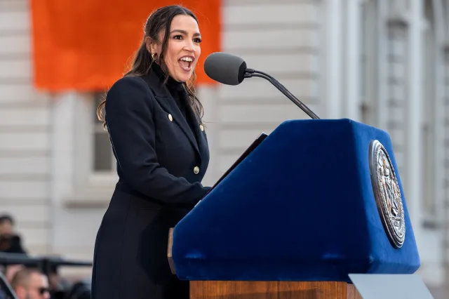 Alexandria Ocasio-Cortez addresses the crowd at the 2026 New York City Inauguration on January 1, 2026.