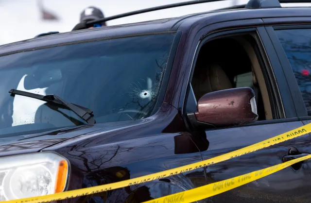 A bullet hole is seen in the windshield of a vehicle involved in a shooting by an ICE agent during federal law enforcement operations on January 07, 2026 in Minneapolis, Minnesota.
