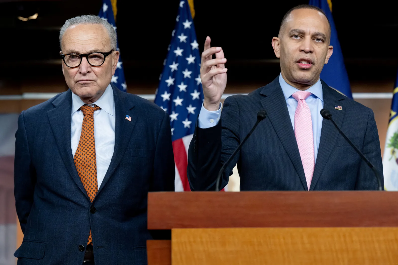 US Senate Minority Leader Chuck Schumer (L), Democrat of New York, and US House Minority Leader Hakeem Jeffries (R), Democrat of New York, hold a press conference on Capitol Hill in Washington, DC, on January 8, 2026.