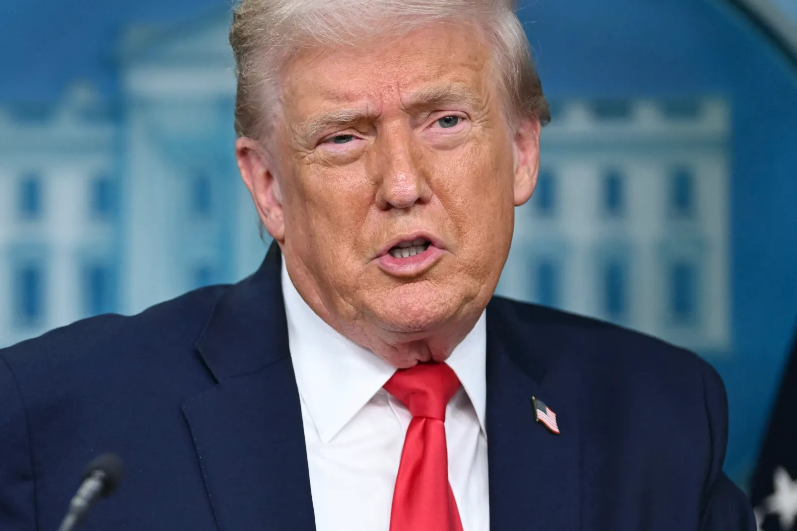 Donald Trump speaks during a briefing in the Brady Briefing Room of the White House in Washington, DC, on January 20, 2026.
