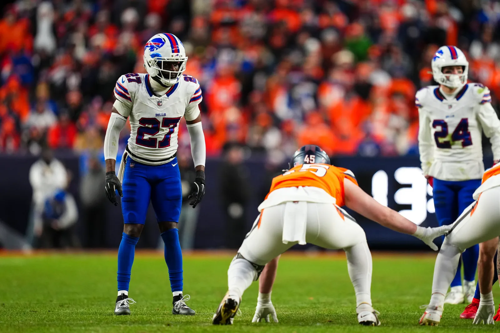 Tre'Davious White #27 of the Buffalo Bills lines up before the snap during an NFL divisional playoff football game against the Denver Broncos at Empower Field At Mile High on January 17, 2026 in Denver, Colorado.
