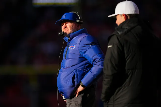 DENVER, CO - JANUARY 17: Buffalo Bills head coach Sean McDermott looks on from the sideline during an NFL divisional playoff football game against the Denver Broncos at Empower Field At Mile High on January 17, 2026 in Denver, Colorado. (Photo by Cooper Neill/Getty Images)